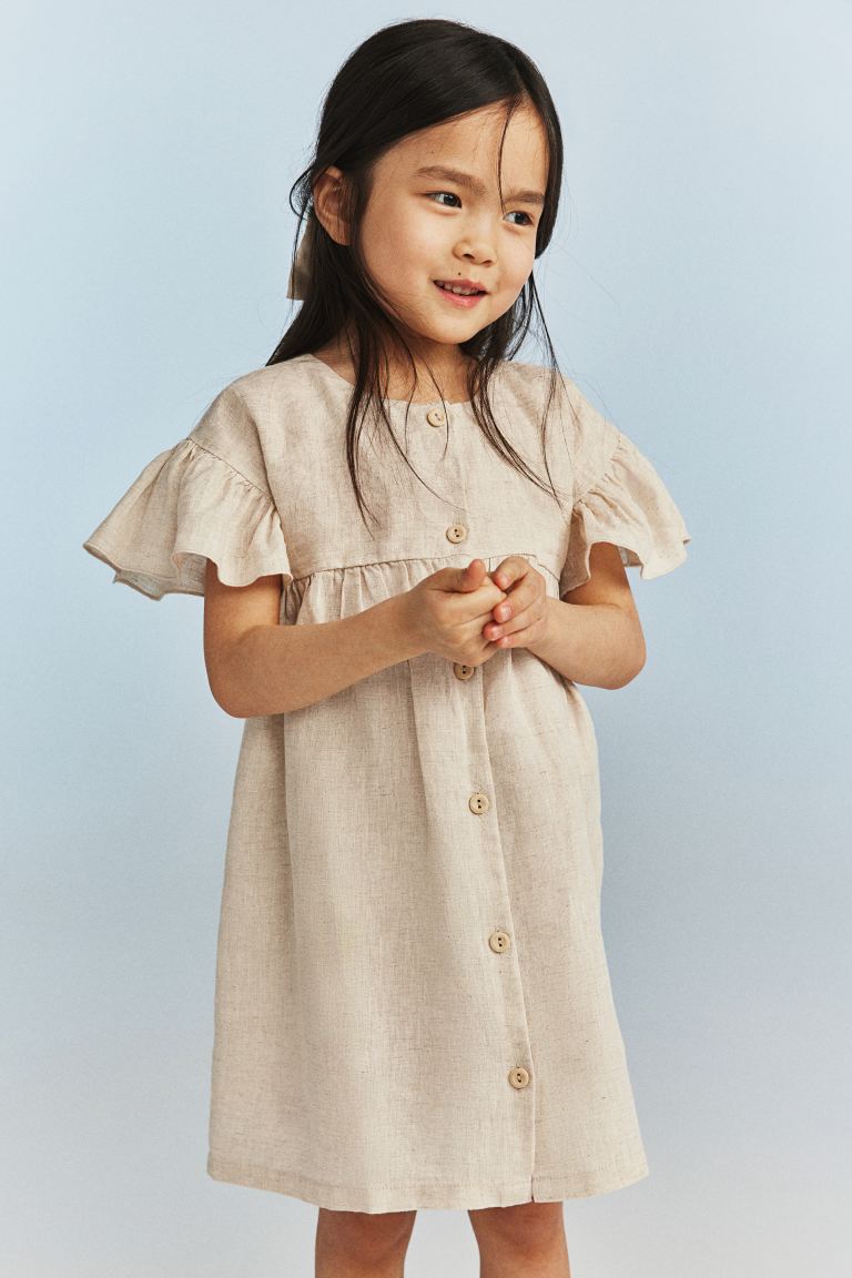 Льняное платье с воланами на рукавах H&M, бежевый