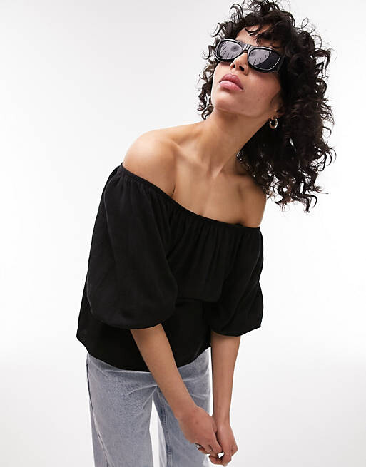 

Черный топ с бардо из льняной смеси Topshop