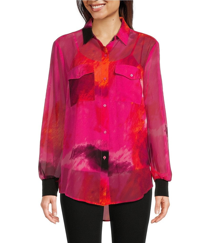 цена DKNY Тканая блузка на пуговицах с воротником и принтом, розовый