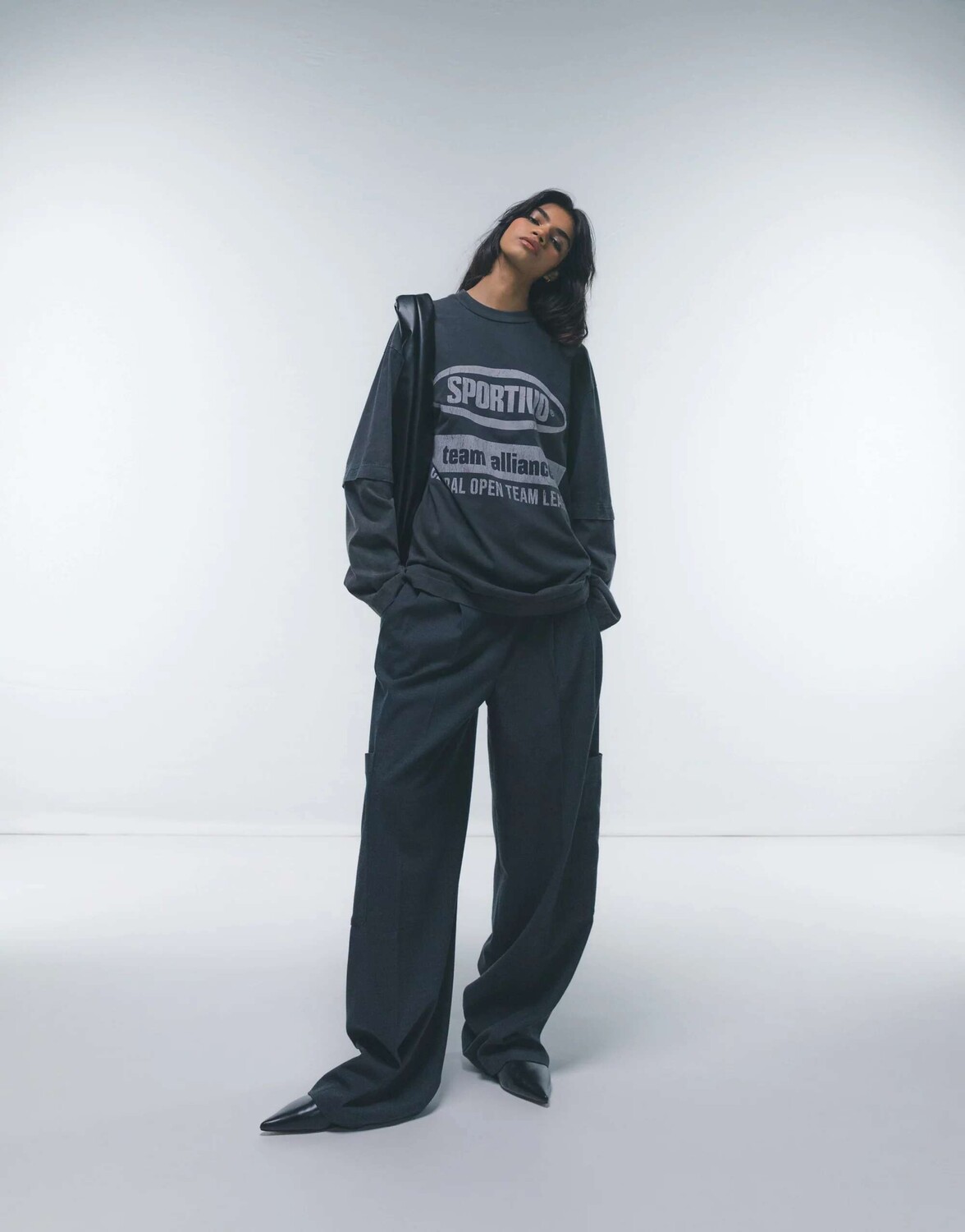 

Сланцевая двухслойная футболка с длинными рукавами и рисунком Topshop sportivo