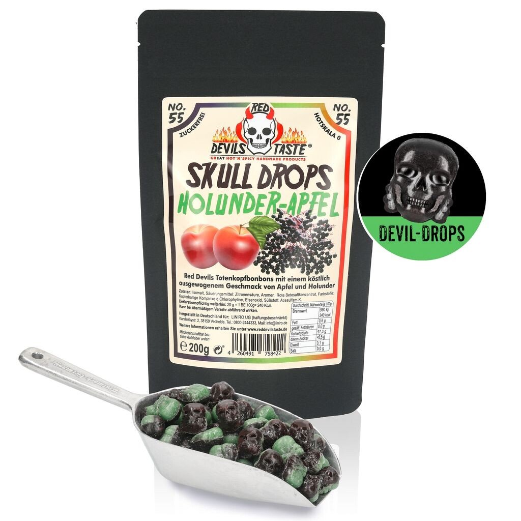 

Skull Drops - яблоко бузины - без сахара - 200г - Горячая шкала: 0 - ВКУС RED DEVILS Liniro