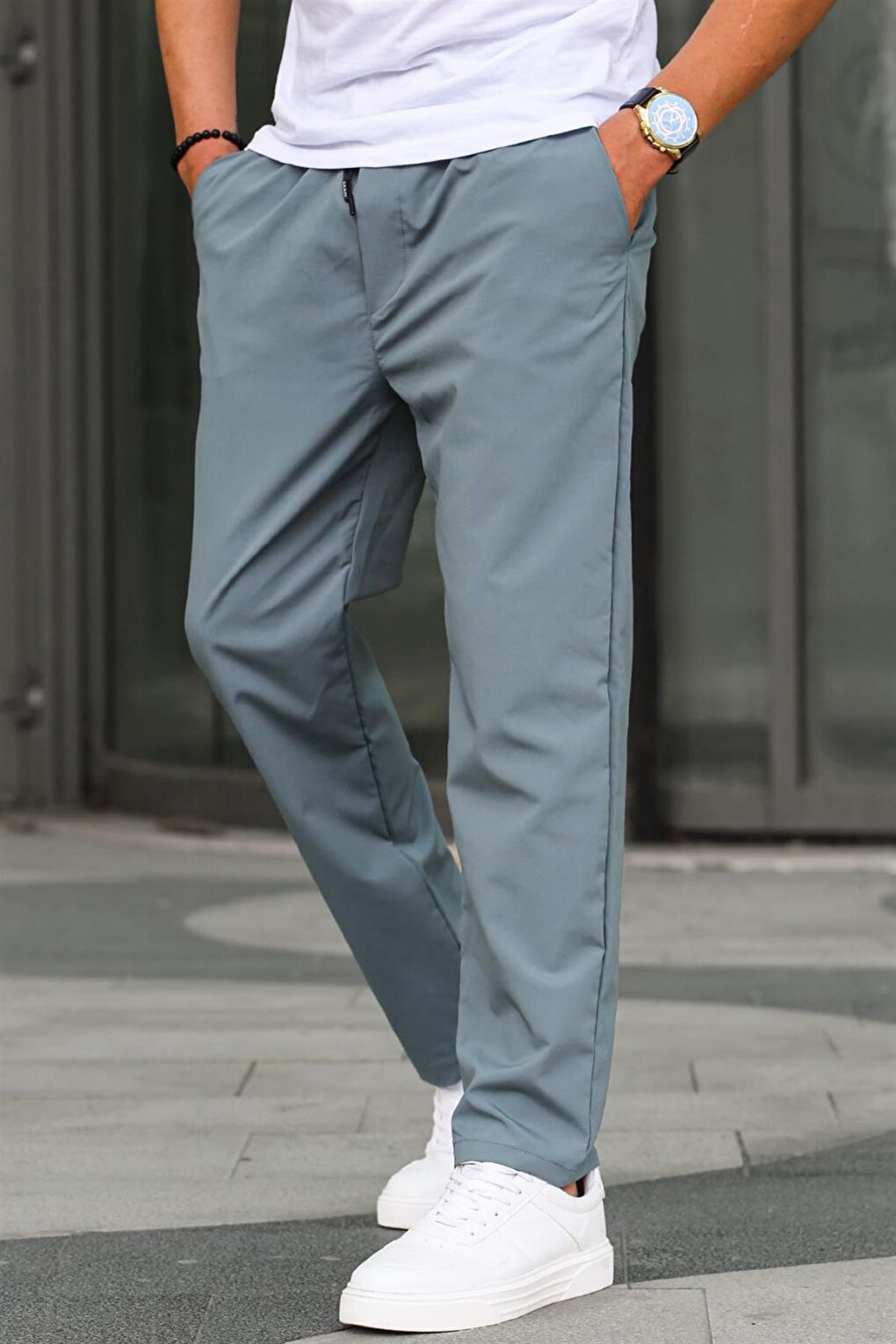 цена Черные базовые мужские брюки из вафельной ткани 6513 MADMEXT, мятно-зеленый