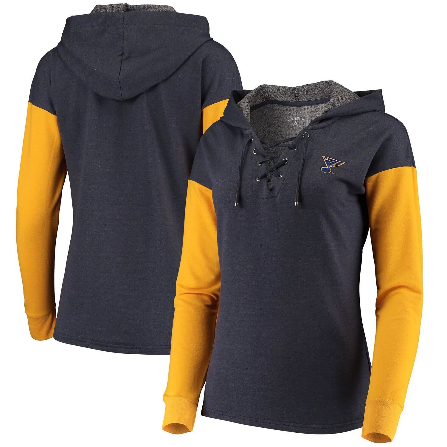 

Женская футболка с длинными рукавами и худи на шнуровке Antigua Navy/Gold St. Louis Blues Amaze Antigua