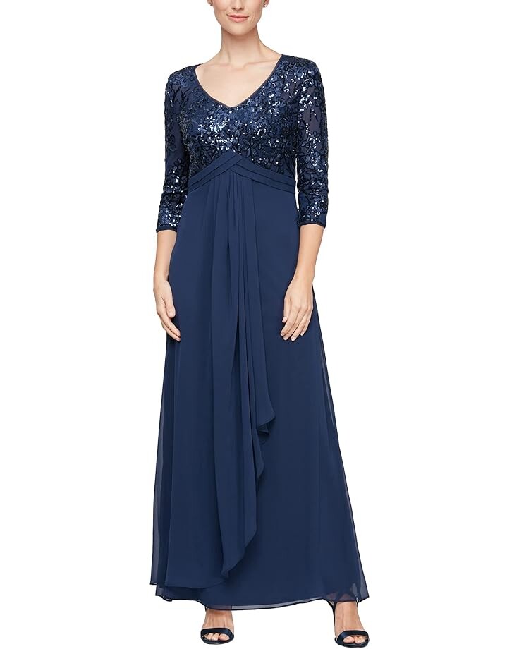 

Платье Alex Evenings Long A-Line V-Neck with Empire Waistline and Cascade Detail Skirt, темно-синий