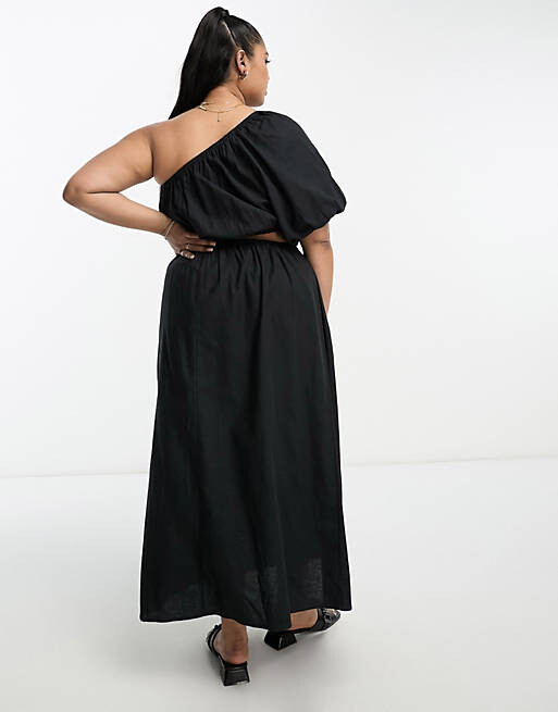 

Черное льняное платье миди на одно плечо ASOS DESIGN Curve