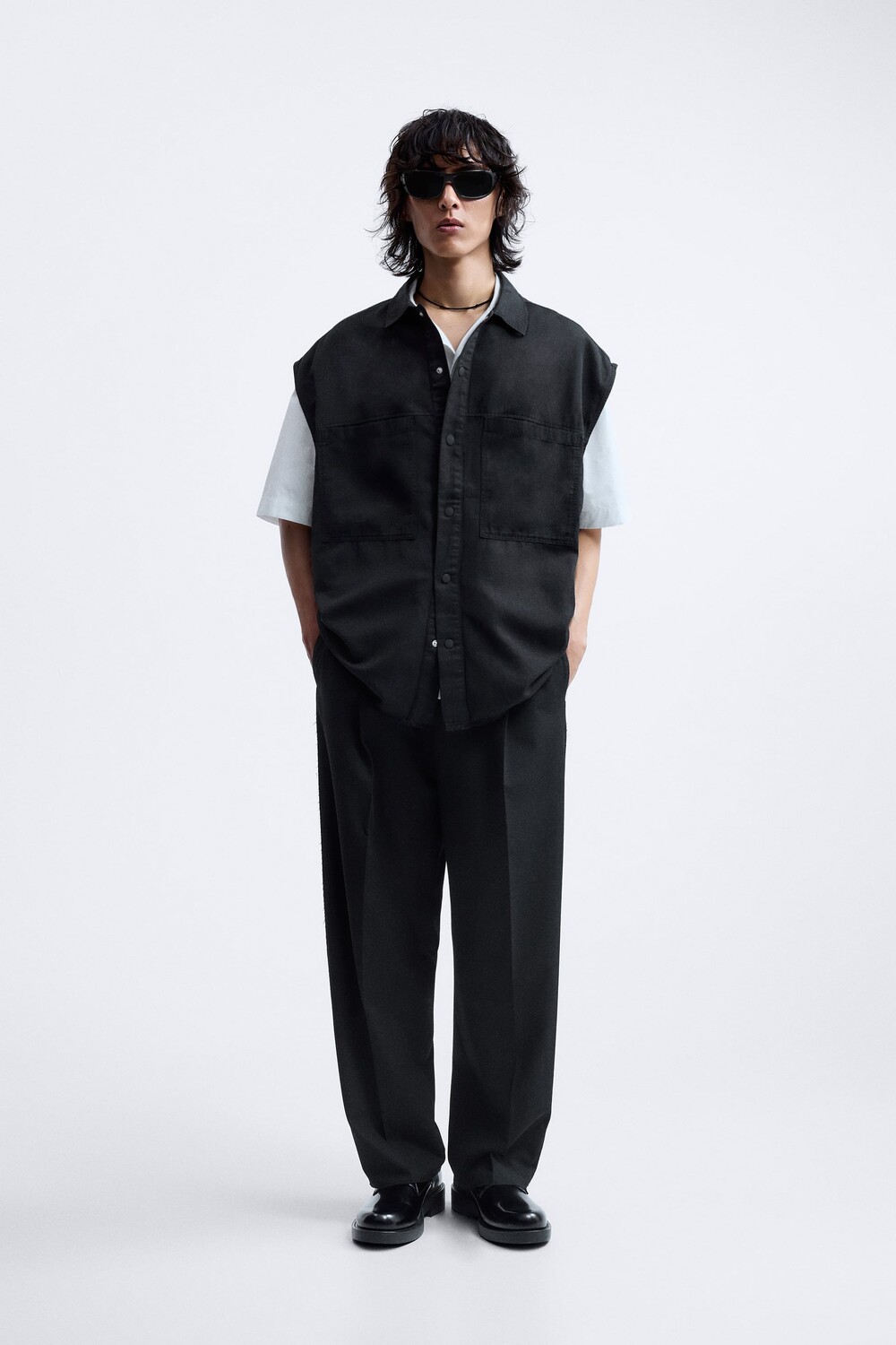 

Рубашка из хлопка и льна Zara, черный