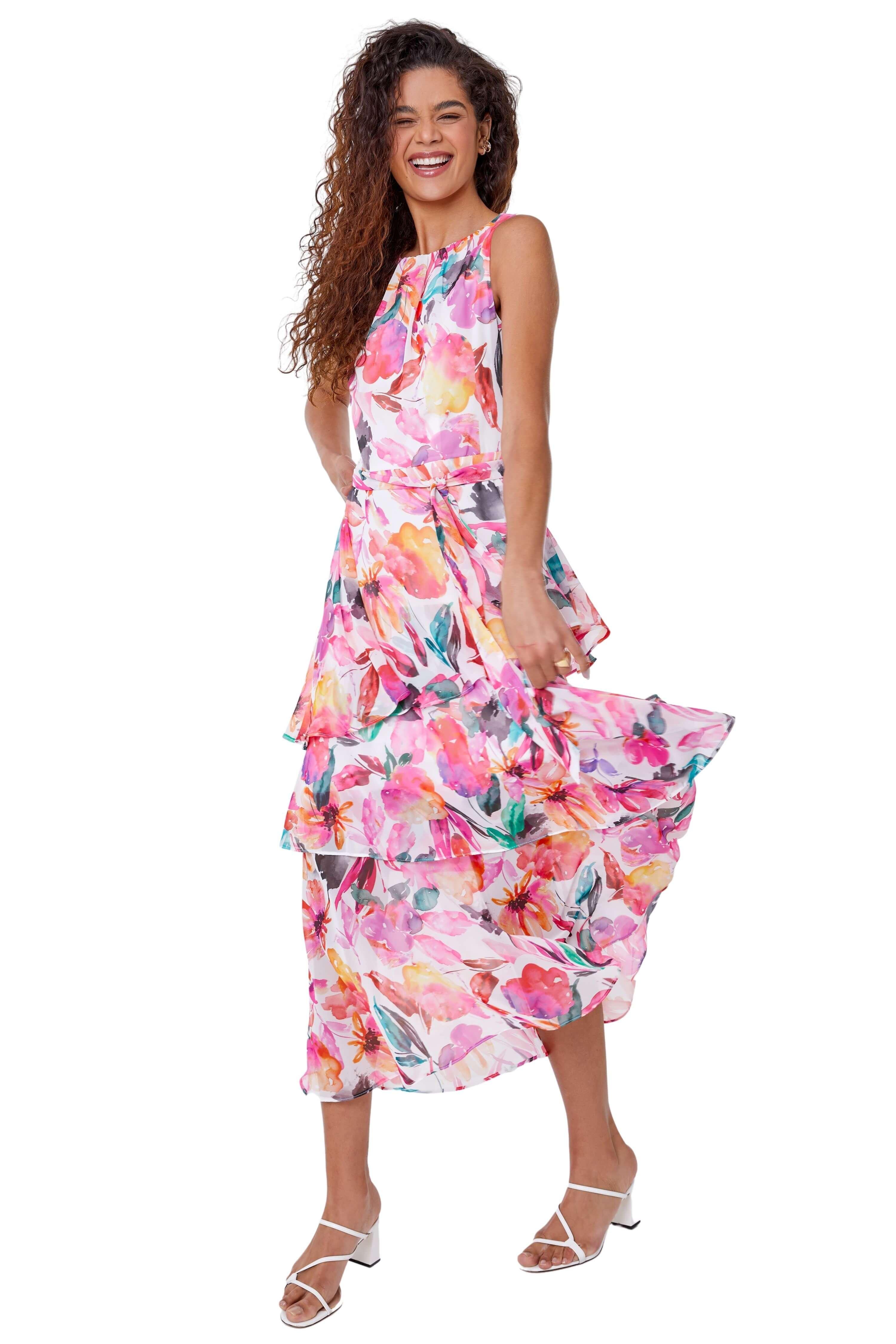 Платье миди с цветочным принтом и оборками Roman, розовый