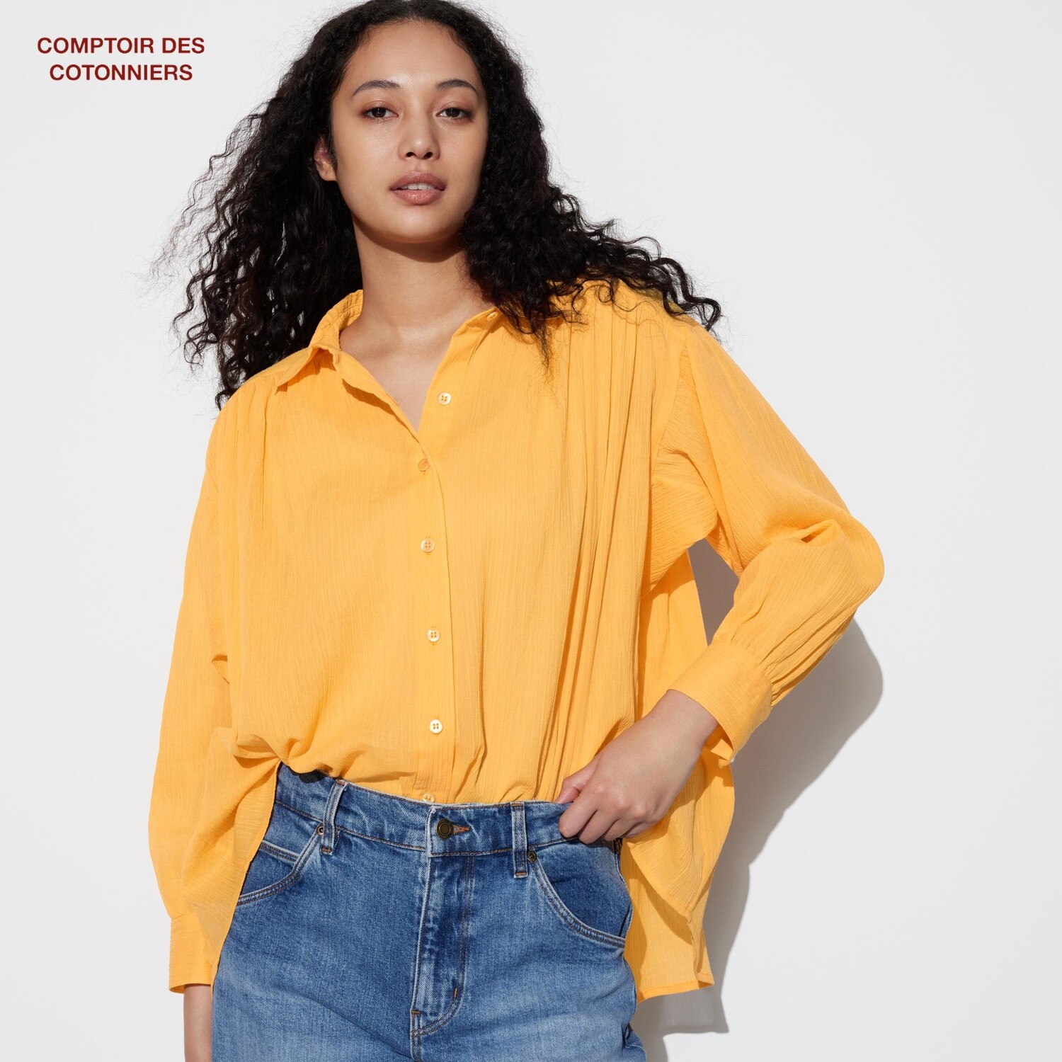 

Рубашка UNIQLO прозрачная из хлопка с длинными рукавами, желтый