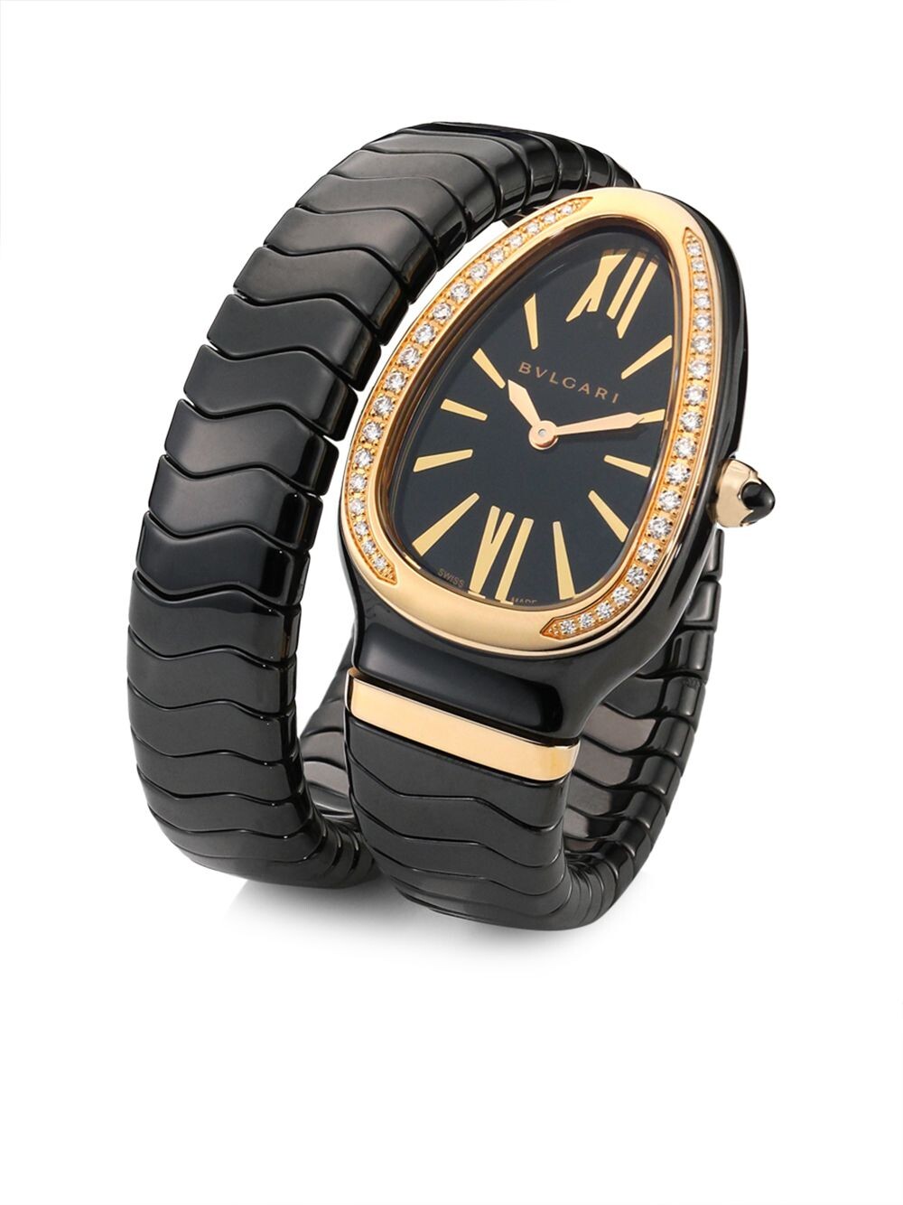 

Часы с одним поворотом Serpenti Spiga из розового золота, черной керамики и бриллиантов BVLGARI, черный