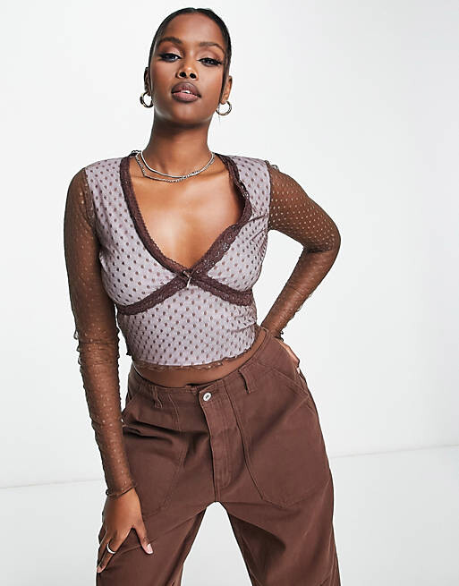 

Фиолетовый сетчатый топ с длинными рукавами и кружевной отделкой ASOS DESIGN
