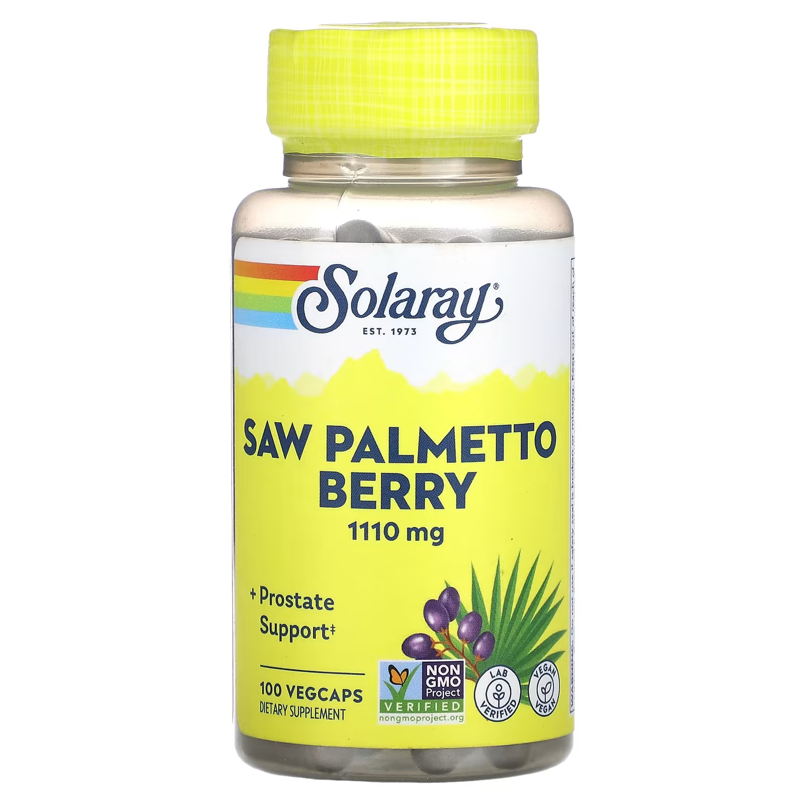 Ягоды серо-пальметто 1110 мг 100 растительных капсул (555 мг на капсулу) Solaray solaray цельные ягоды серенои 580 мг 360 растительных капсул