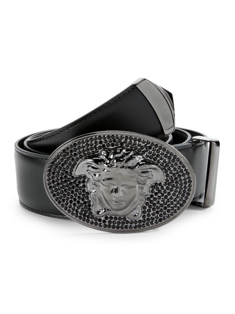 

Кожаный ремень с пряжкой Medusa и стразами Versace, черный