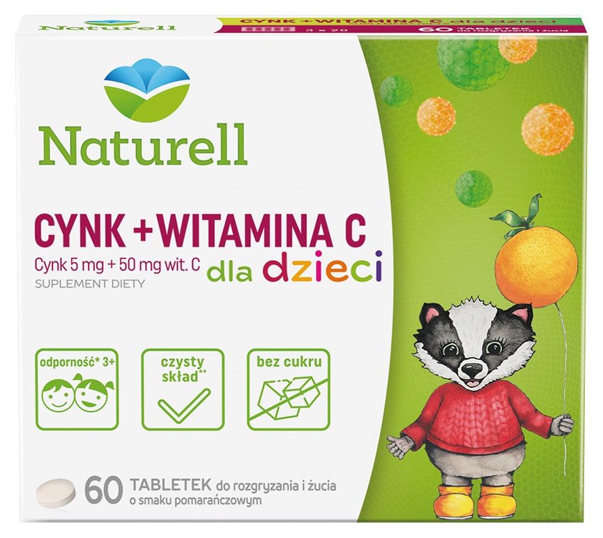 Подготовка иммунитета для детей Naturell Cynk + Witamina C Dla Dzieci Tabletki Do Żucia, 60 шт витамин с 2000мг цинк 25мг activlab порошок 500г l аскорбиновая кислота для иммунитета кожи лица