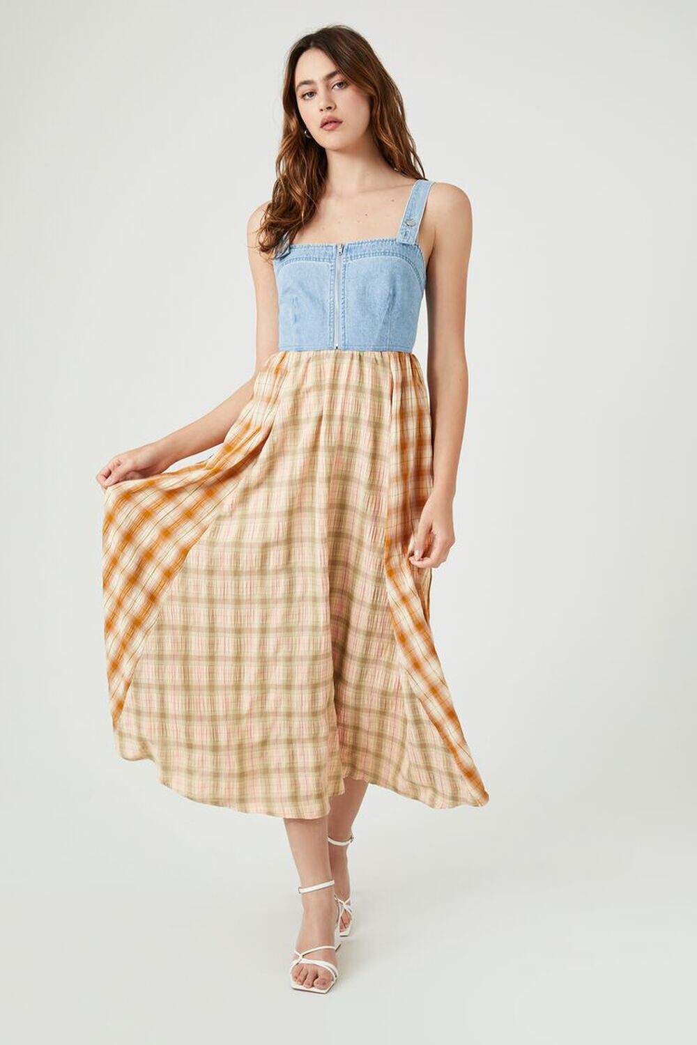 

Комбинированное платье-миди из денима и клетчатой ткани Forever 21, синий