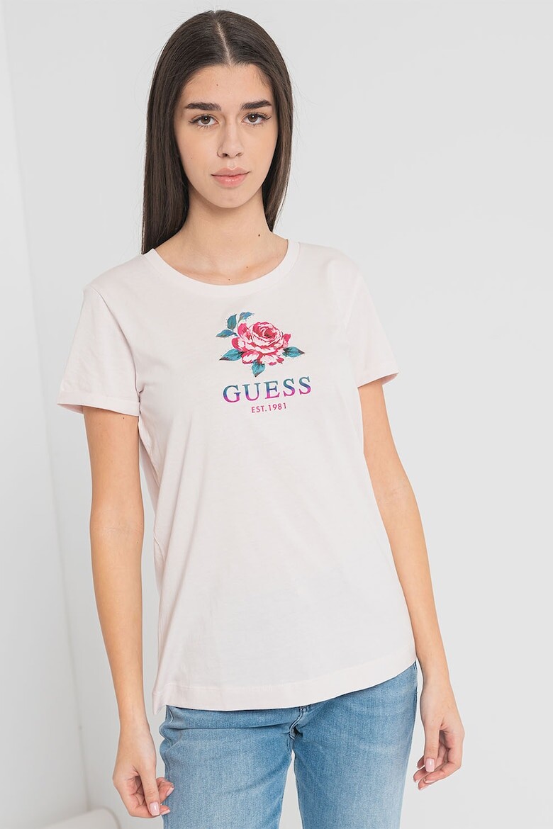 

Футболка с овальным вырезом, цветочным узором и логотипом Guess, розовый