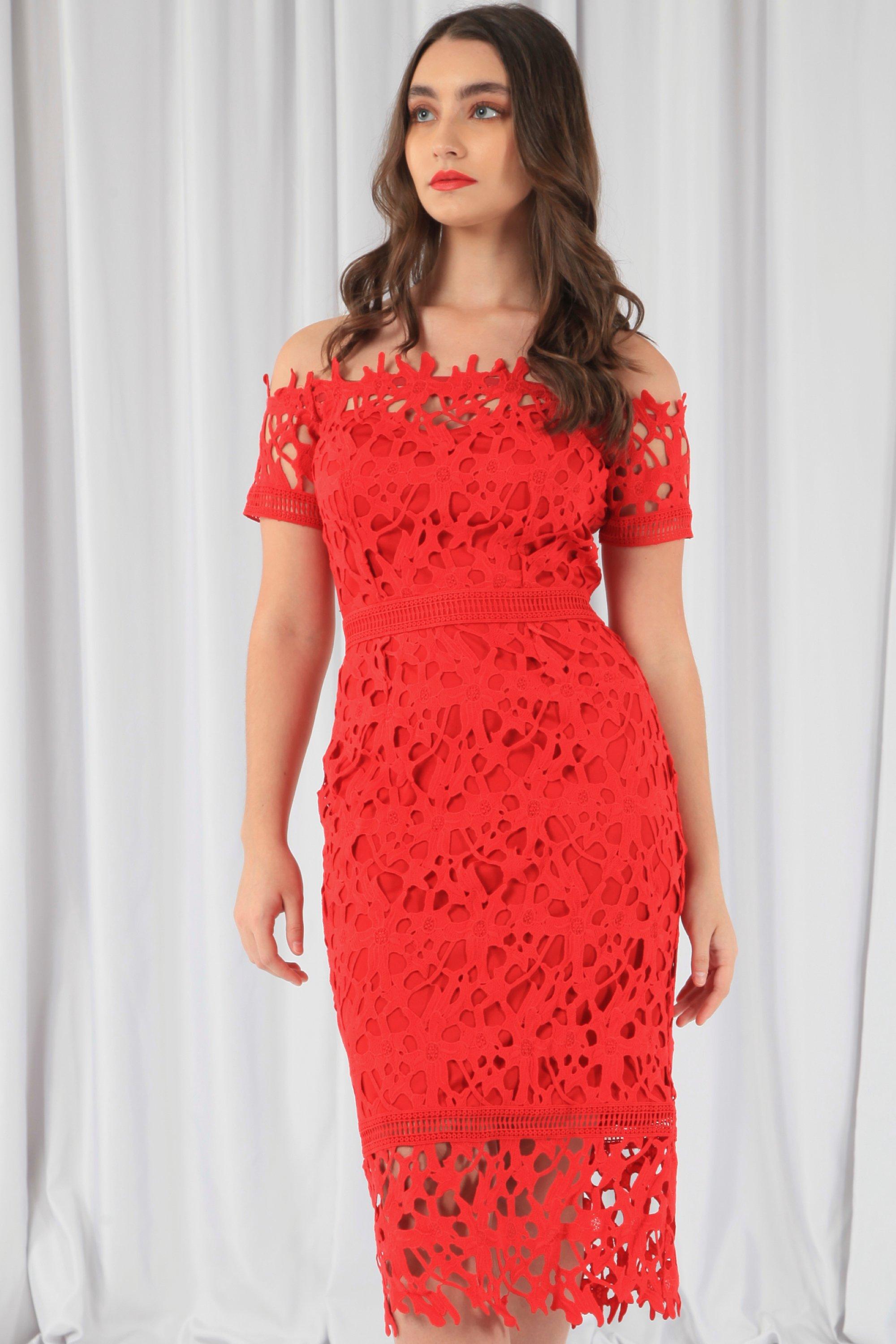 Кружевное платье с бардо DOUBLE SECOND, красный