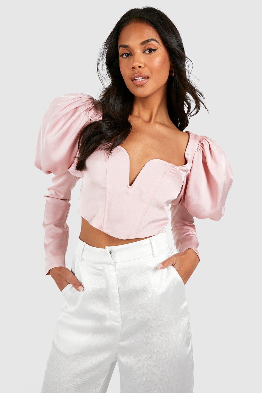 

Атласный корсетовый топ с рукавами Boohoo, румяна