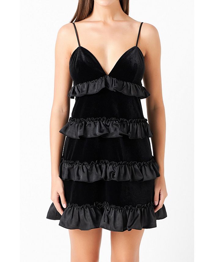 Женское многоярусное бархатное мини-платье контрастного цвета endless rose, черный фото