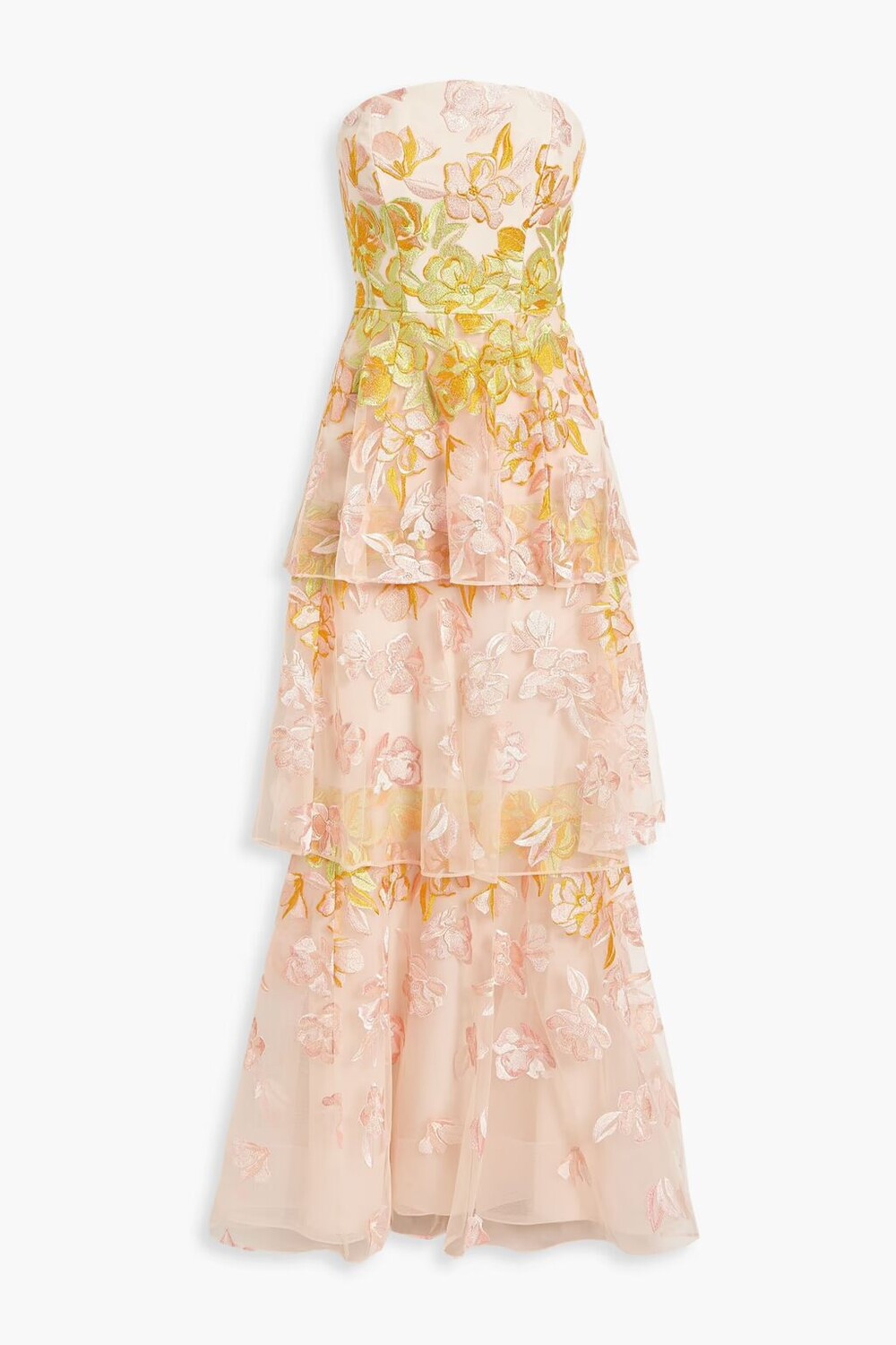 

Ярусное платье из тюля без бретелек с вышивкой Marchesa Notte, цвет Blush