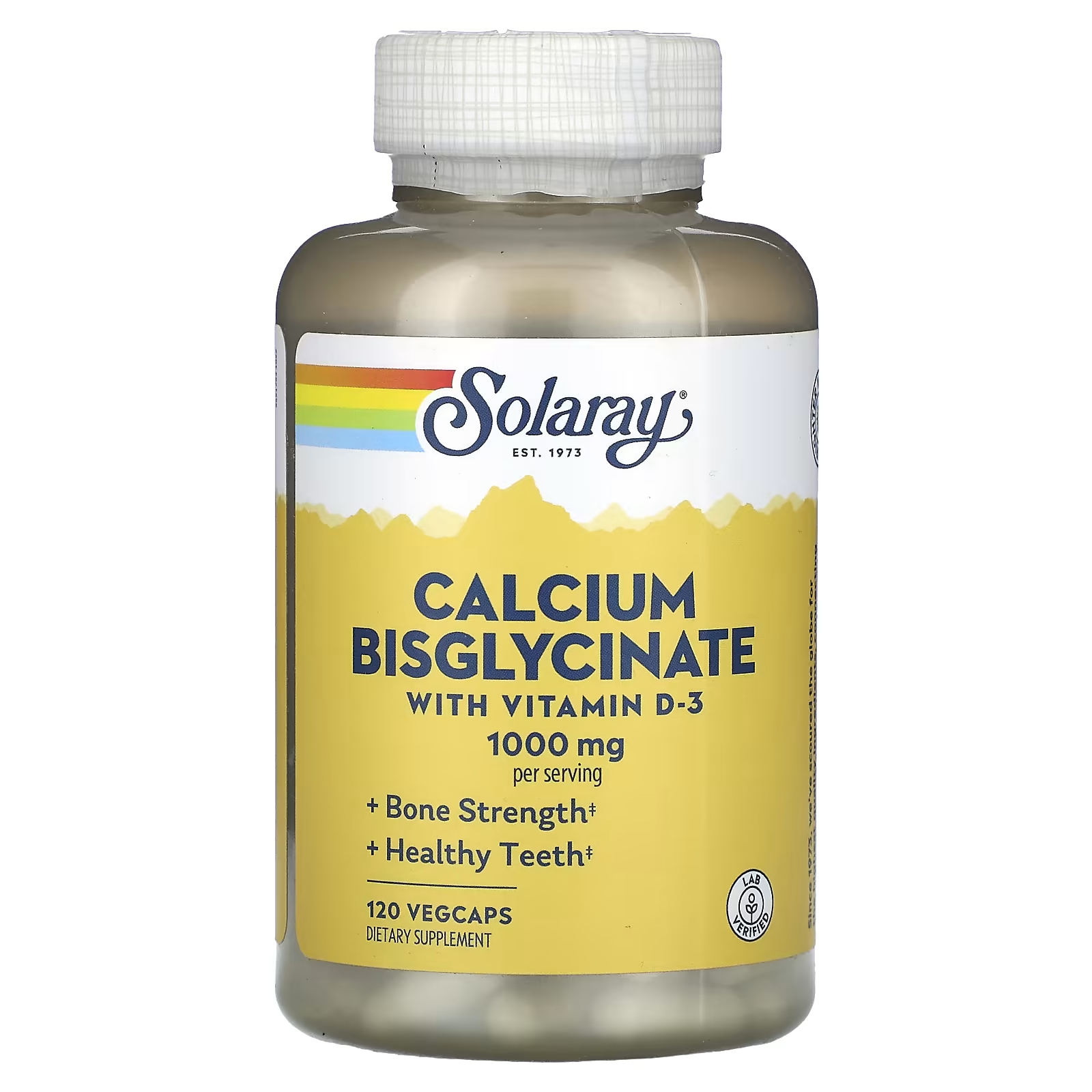 Бисглицинат кальция с витамином D-3 1000 мг, 120 растительных капсул (250 мг на капсулу) Solaray