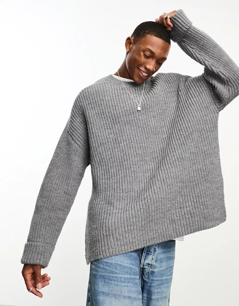 

Светло-серый свитер в рубчик из плотной смесовой шерсти ASOS с разрезами по бокам