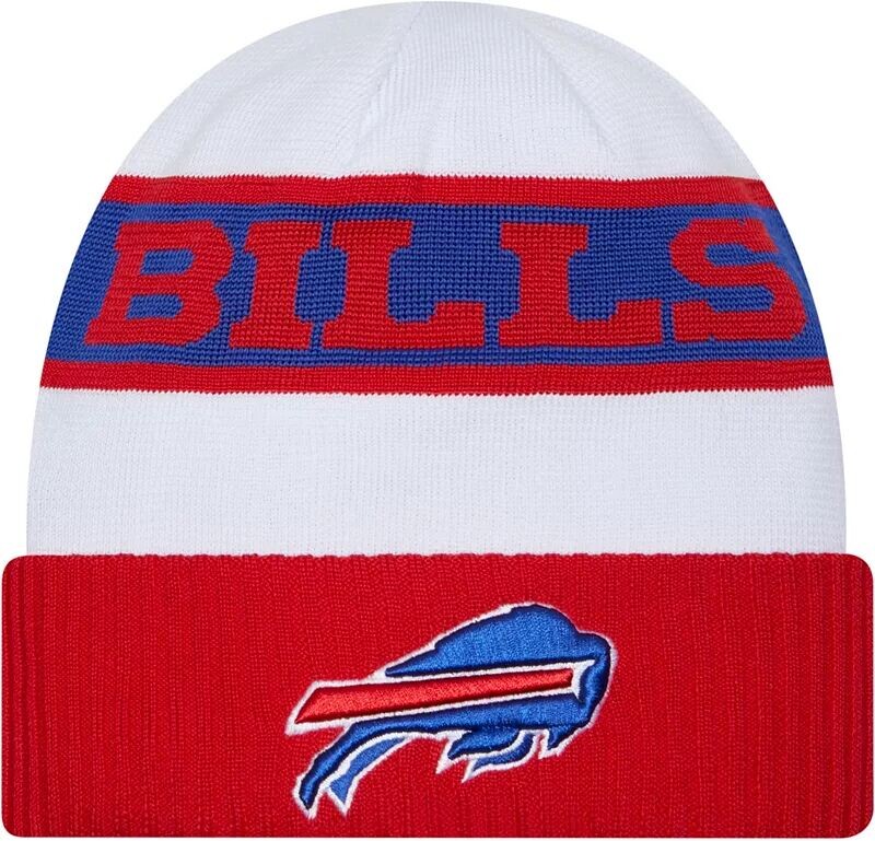 

Мужская шапка New Era Buffalo Bills 2023, белая техническая вязаная шапка с боковой линией