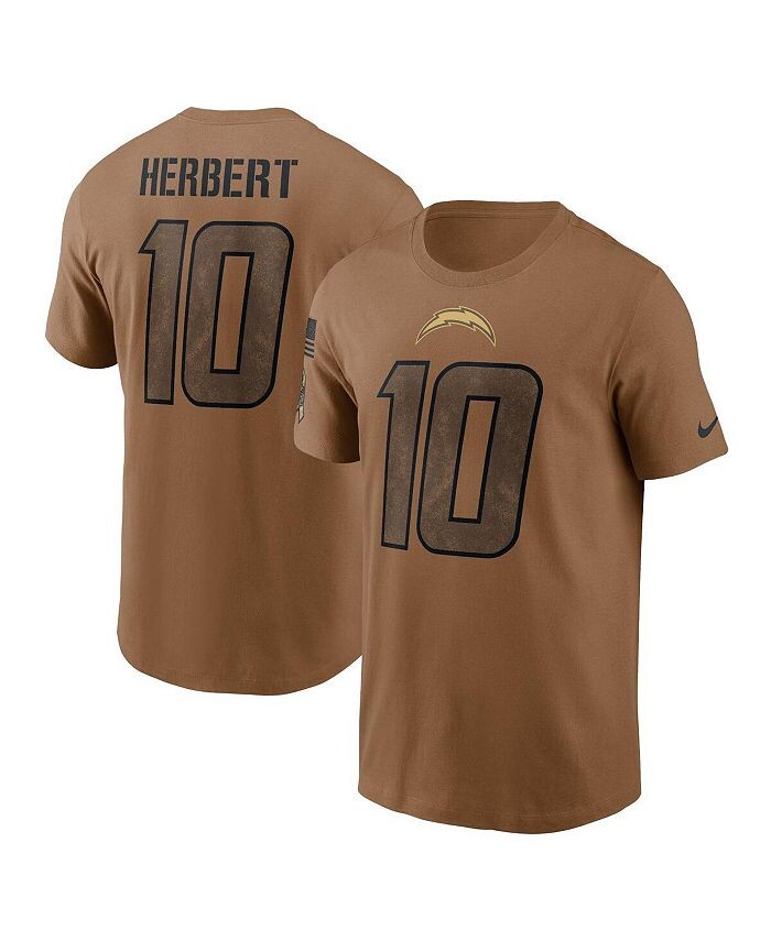 

Мужская футболка Justin Herbert Brown с эффектом потертости Los Angeles Chargers 2023 Salute To Service с именем и номером Nike, коричневый