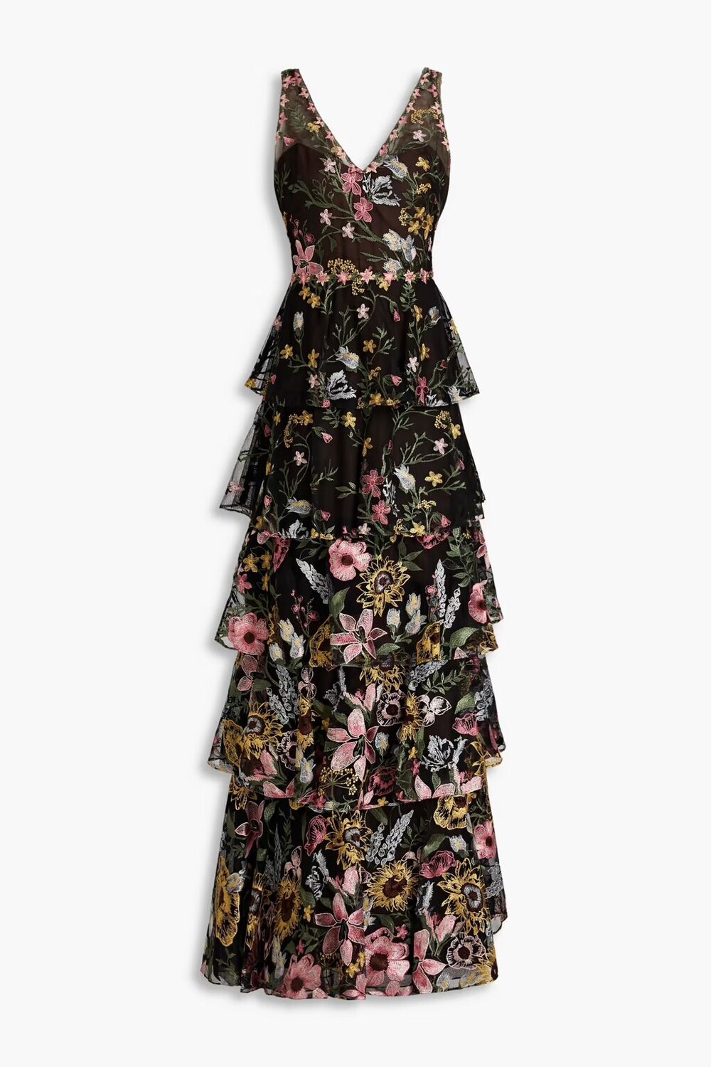 

Многоярусное платье из тюля с вышивкой Marchesa Notte, черный