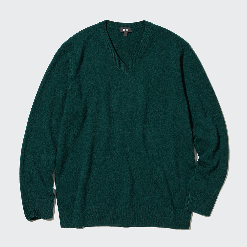 

Свитер Uniqlo кашемировый с V-образным вырезом и длинными рукавами, темно-зеленый
