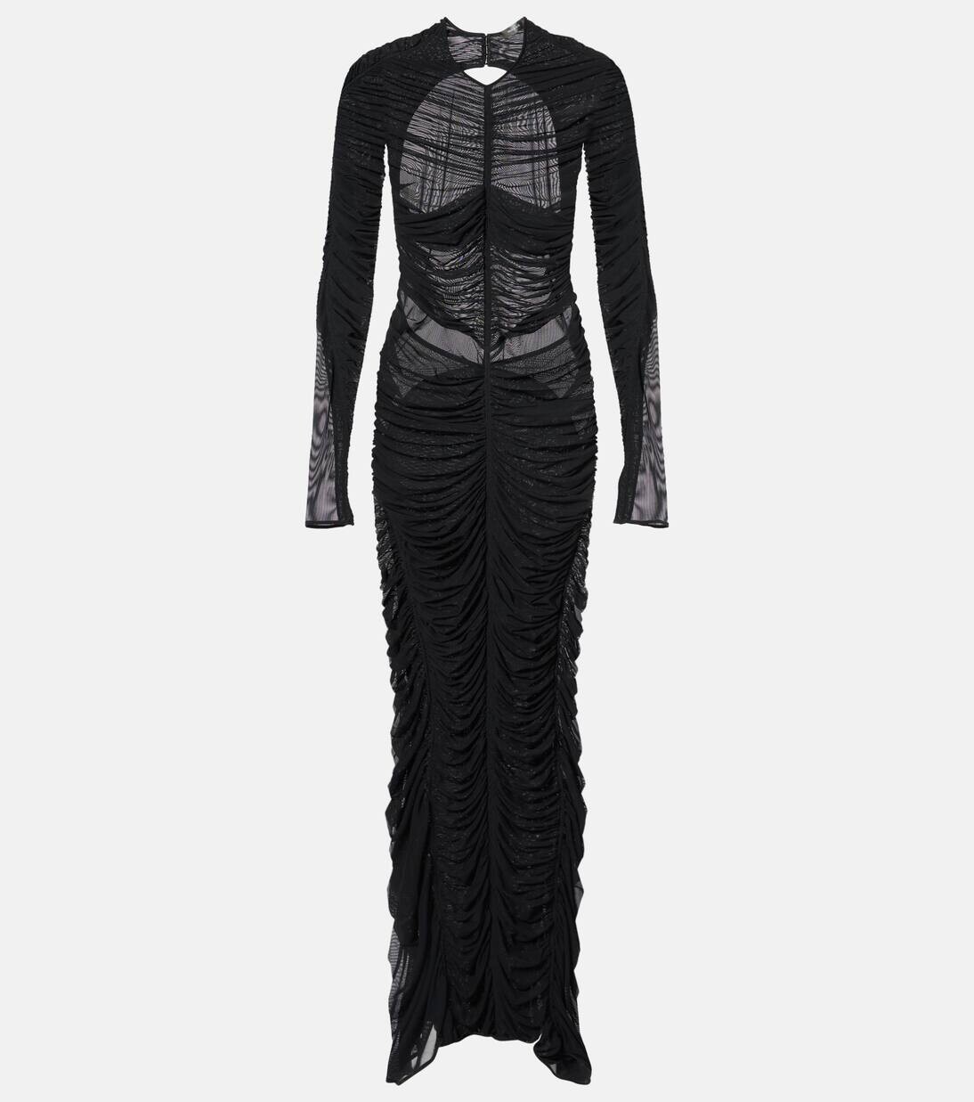 

Платье из сетки с открытой спиной и сборками Mugler, черный