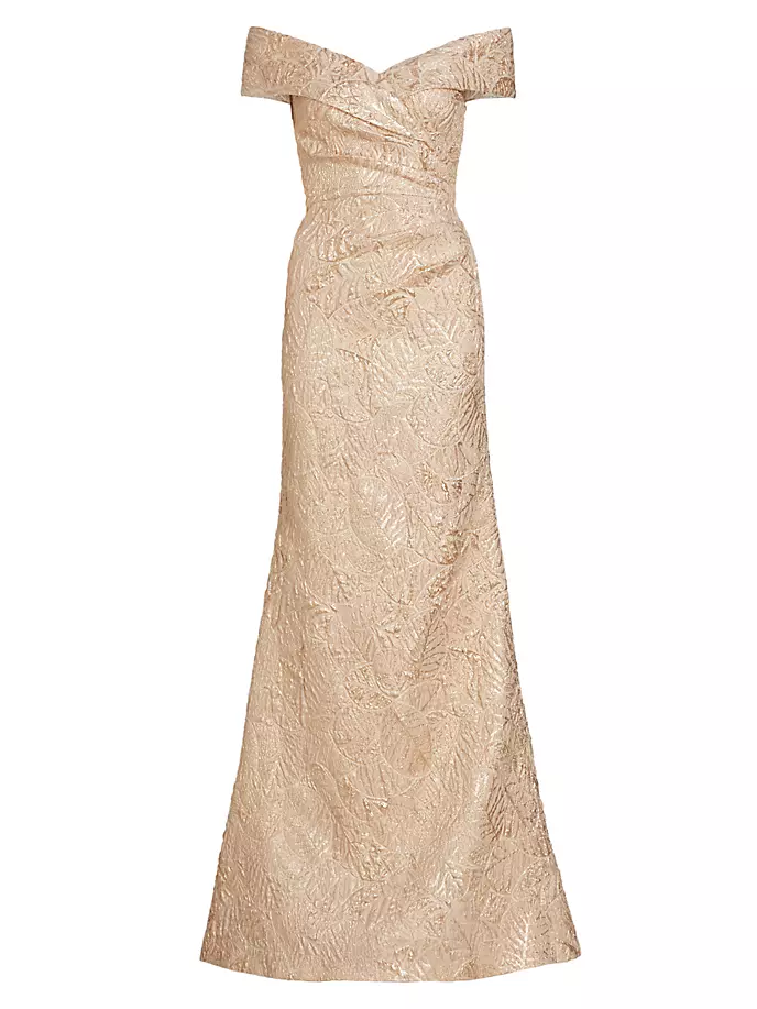 Жаккардовое платье цвета металлик с открытыми плечами Teri Jon By Rickie Freeman, золото