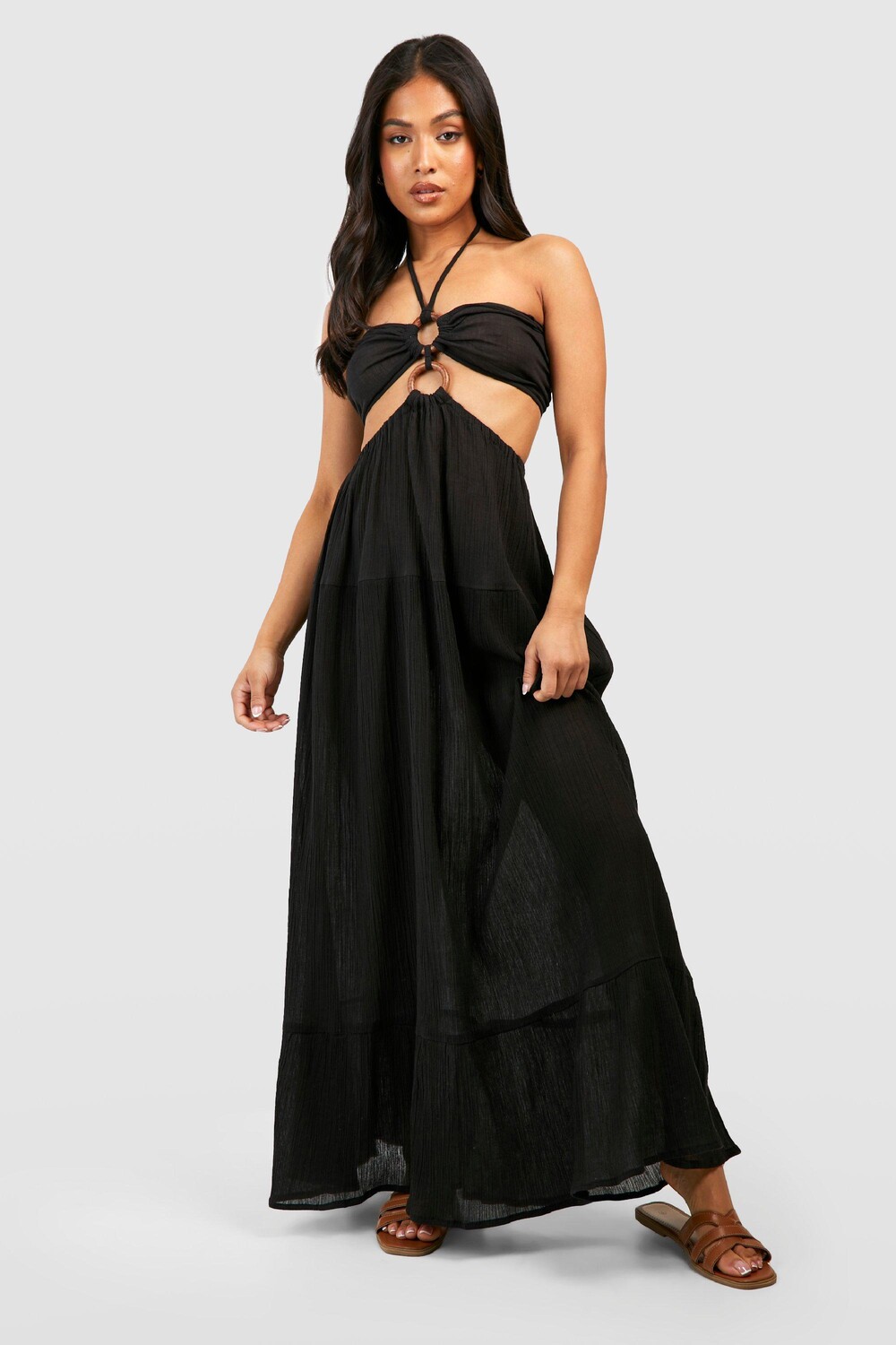 

Маленькое пляжное платье макси из марли с кольцом на шее Boohoo, черный