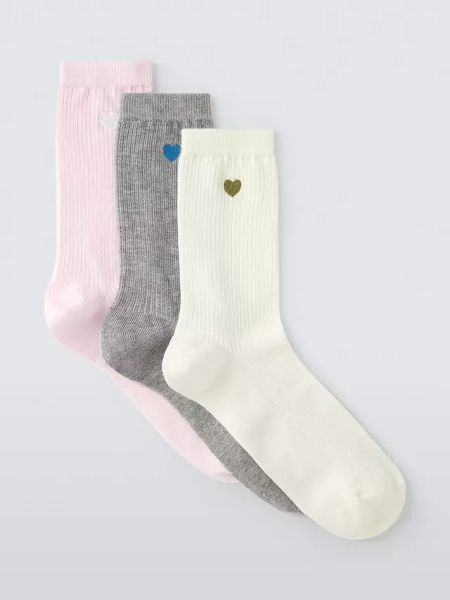 

Носки John Lewis Embroidered Heart Ankle 3 шт, цвет ivory/pink