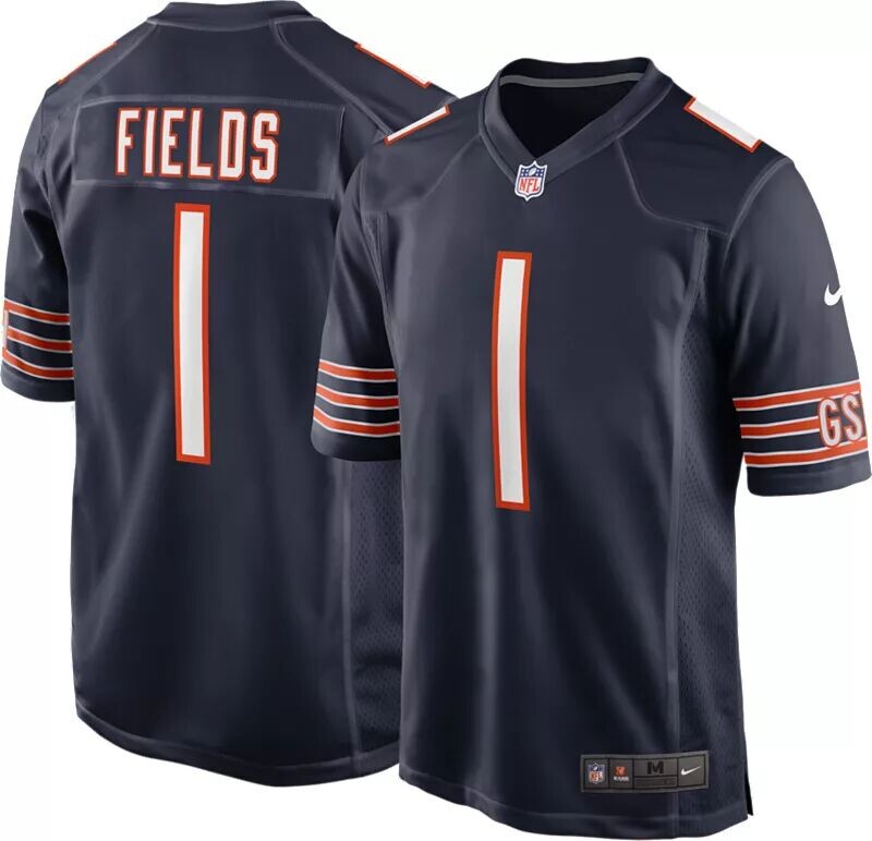 

Мужское джерси Nike Chicago Bears Justin Fields #1 темно-синего игрового цвета