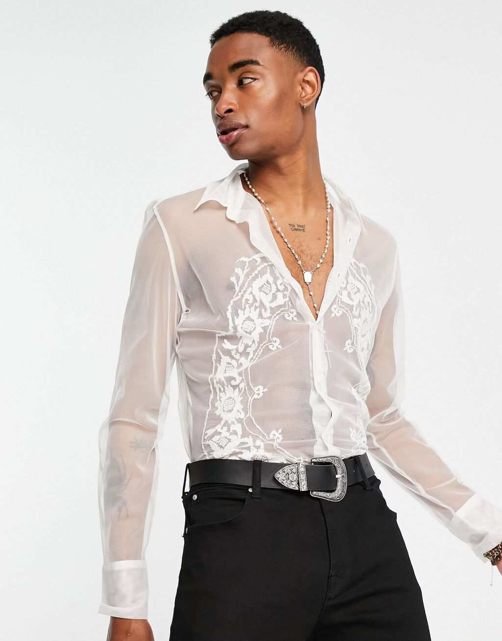 

Белая узкая рубашка из сетки с вышивкой ASOS DESIGN