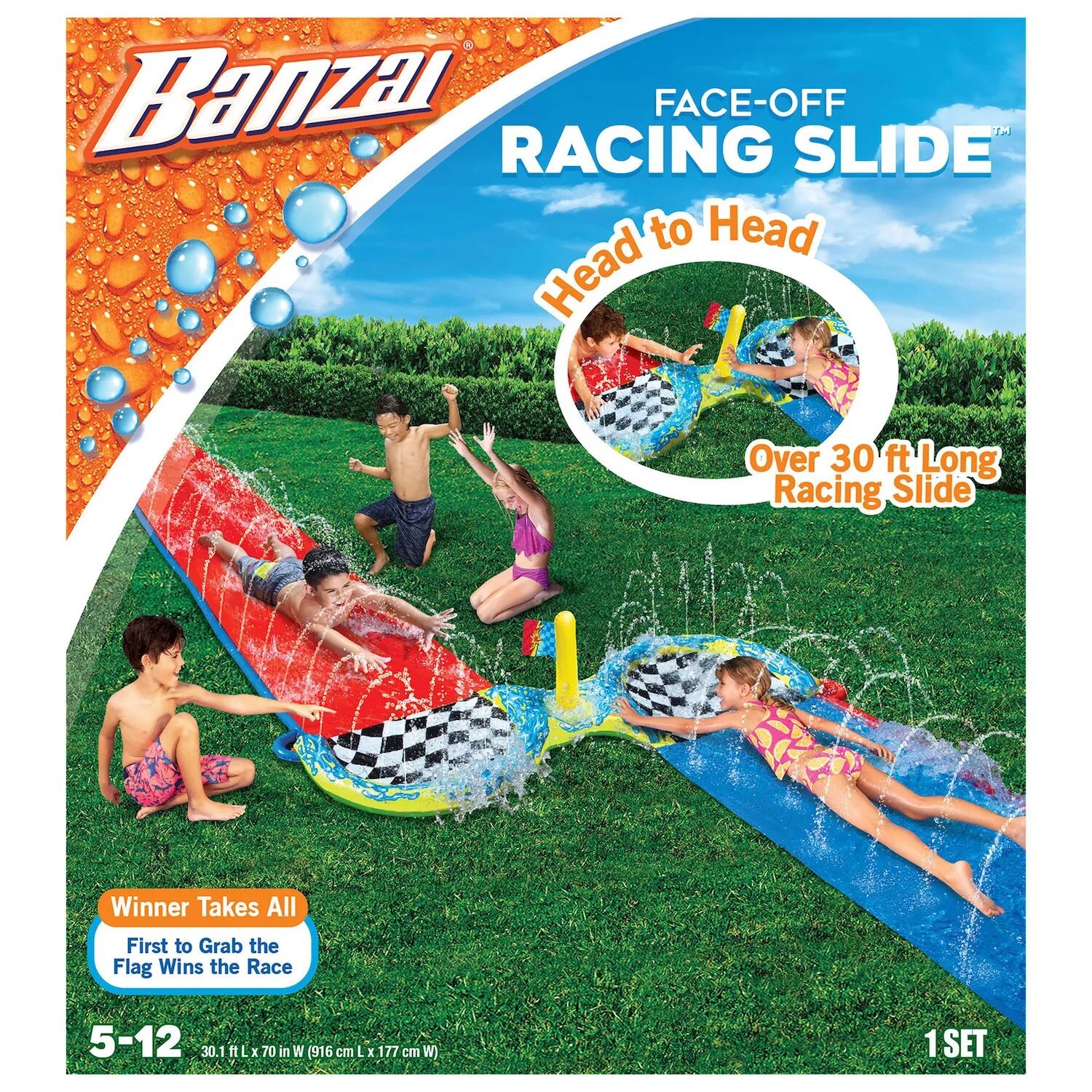 

Banzai Face-Off Racing Slide 30-футовая двухполосная горка с испытанием на захват флага Banzai