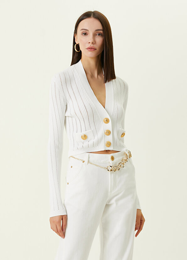 

Белый ажурный кардиган с глубоким v-образным вырезом Balmain
