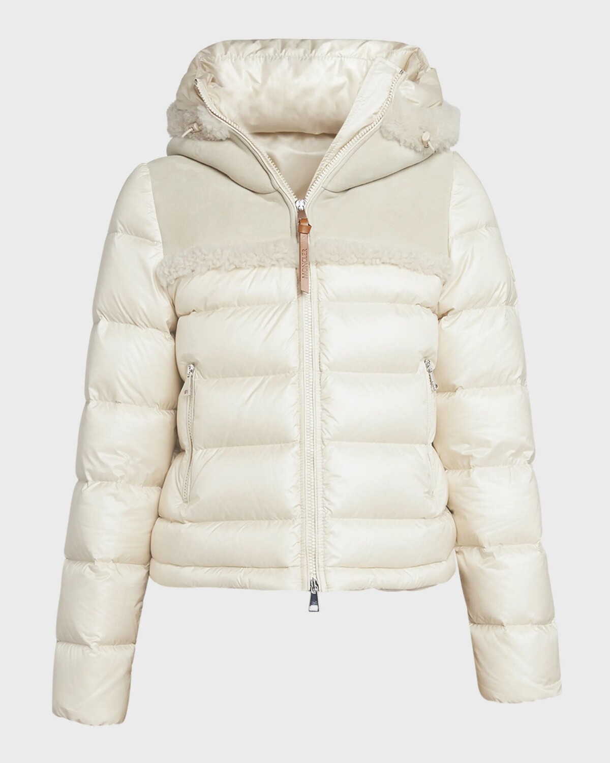 

Пуховик с отделкой из овчины Beauvais Moncler, светло-бежевый