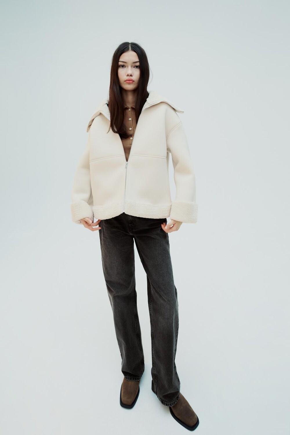 

Двусторонняя куртка с эффектом неопрена ZARA, экрю-белый