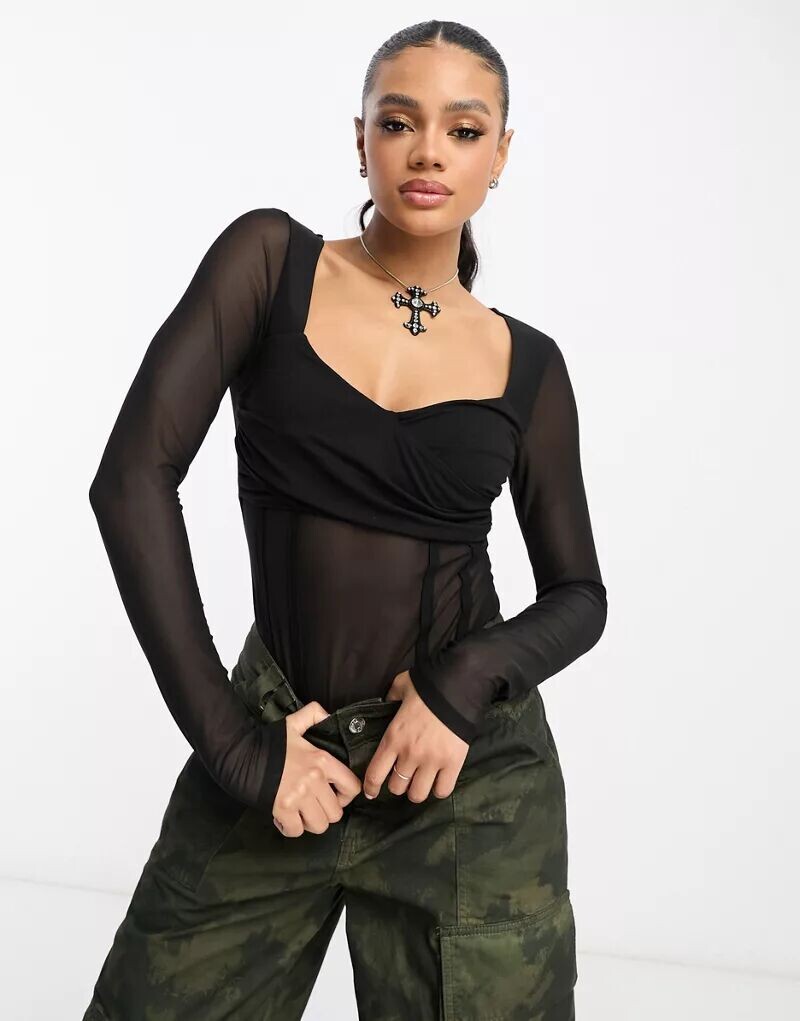 

Черное боди с длинными рукавами и сетчатыми вставками ASOS