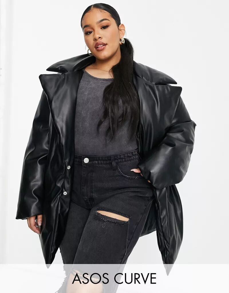 

Пуховик из искусственной кожи ASOS DESIGN Curve с поясом-тюльпаном