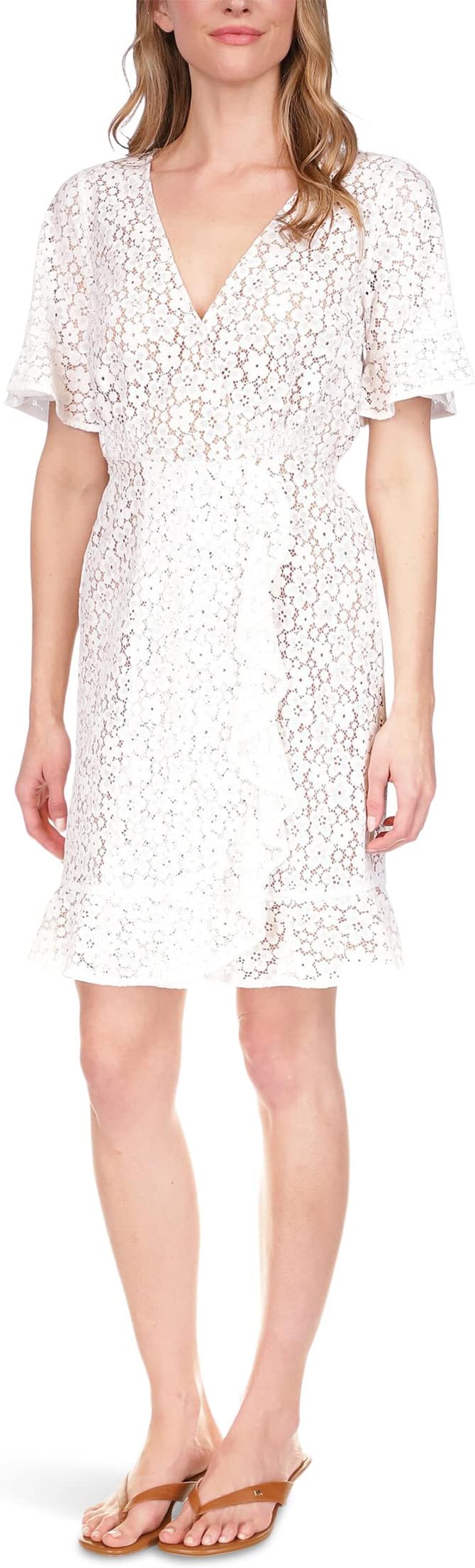 Миниатюрное кружевное мини-платье с искусственным запахом MICHAEL Michael Kors, белый