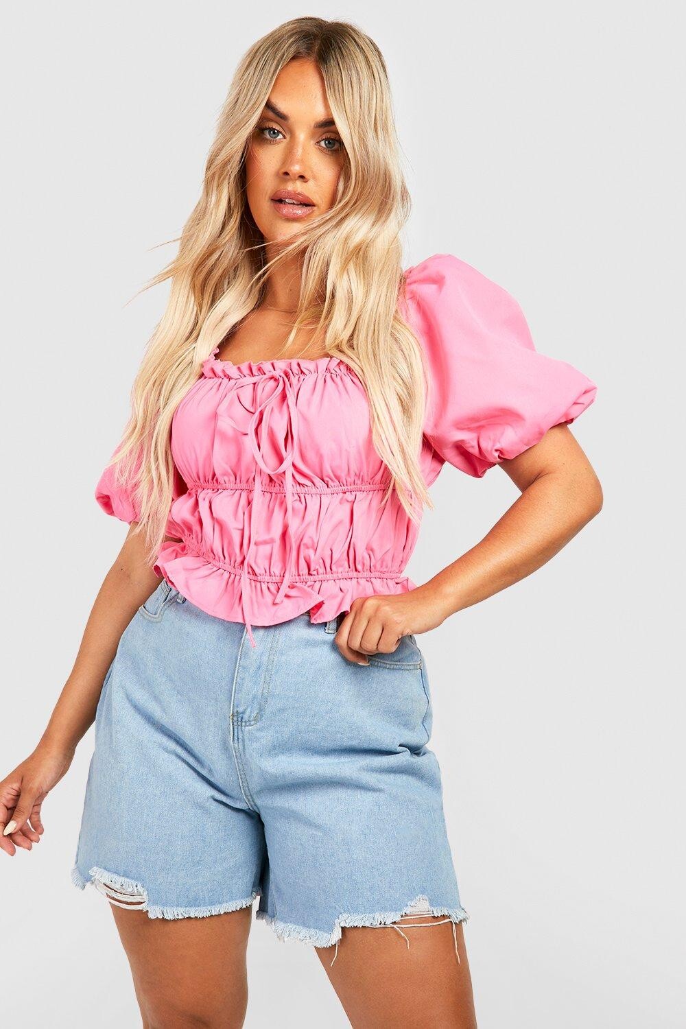 

Топ с рукавами и гофонами Boohoo, розовый