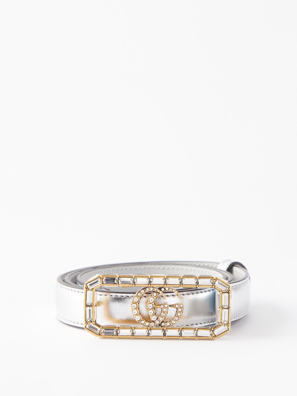 

Ремень crystal gg-marmont из кожи металлик Gucci, серебряный