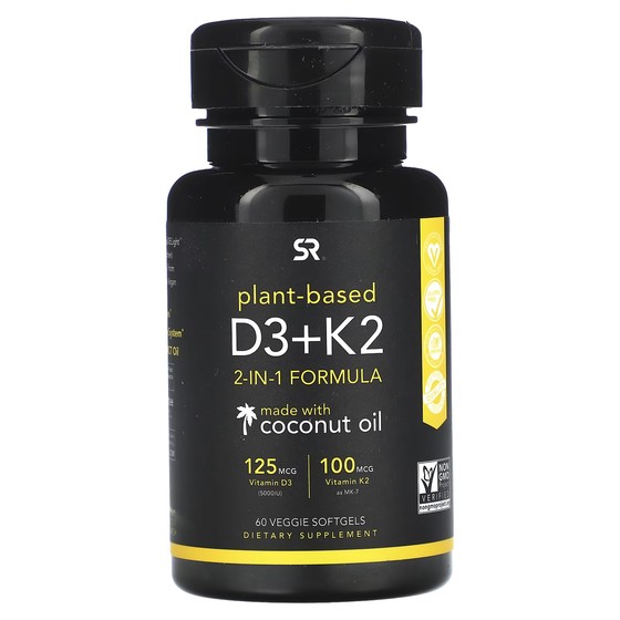 D3 + K2 на растительной основе Sports Research, 60 мягких желатиновых капсул nature s way vitamin d3 max шоколад 125 мкг 5000 ме 90 таблеток без сахара