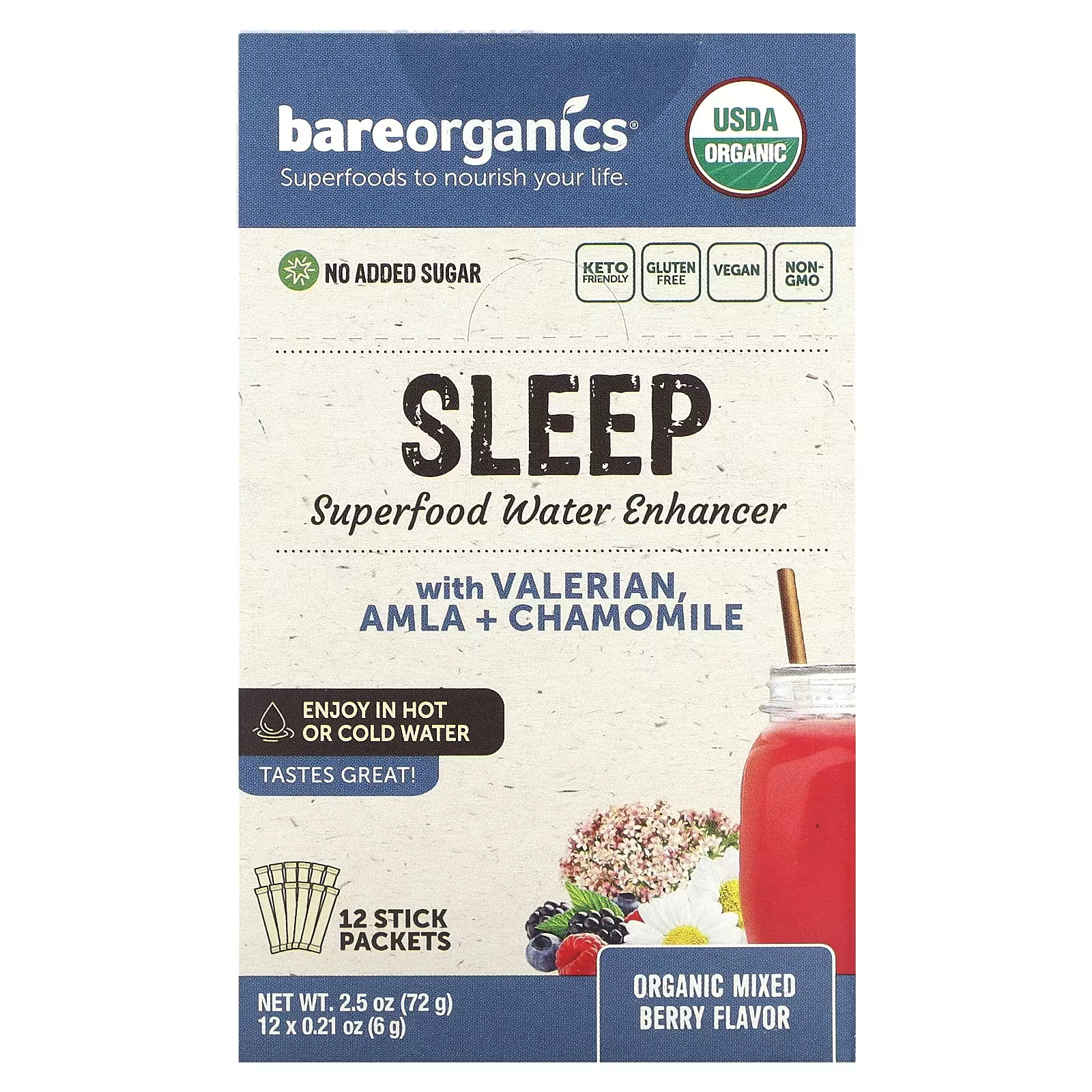 Органическая смесь ягод BareOrganics Sleep Superfood Water Enhancer, 12 пакетиков-стиков