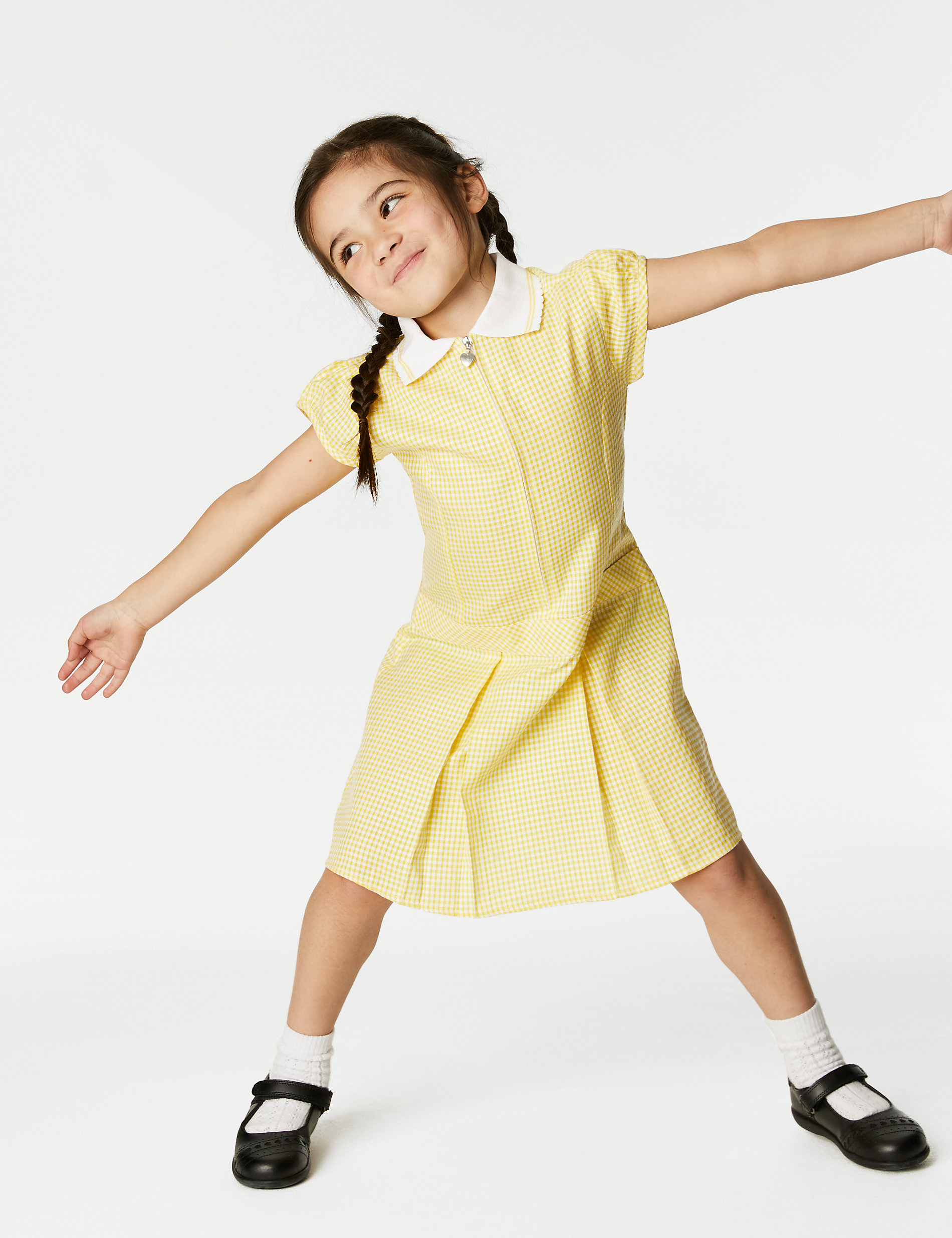 Школьное платье в мелкую клетку со складками для девочек (2–14 лет) Marks & Spencer, желтый