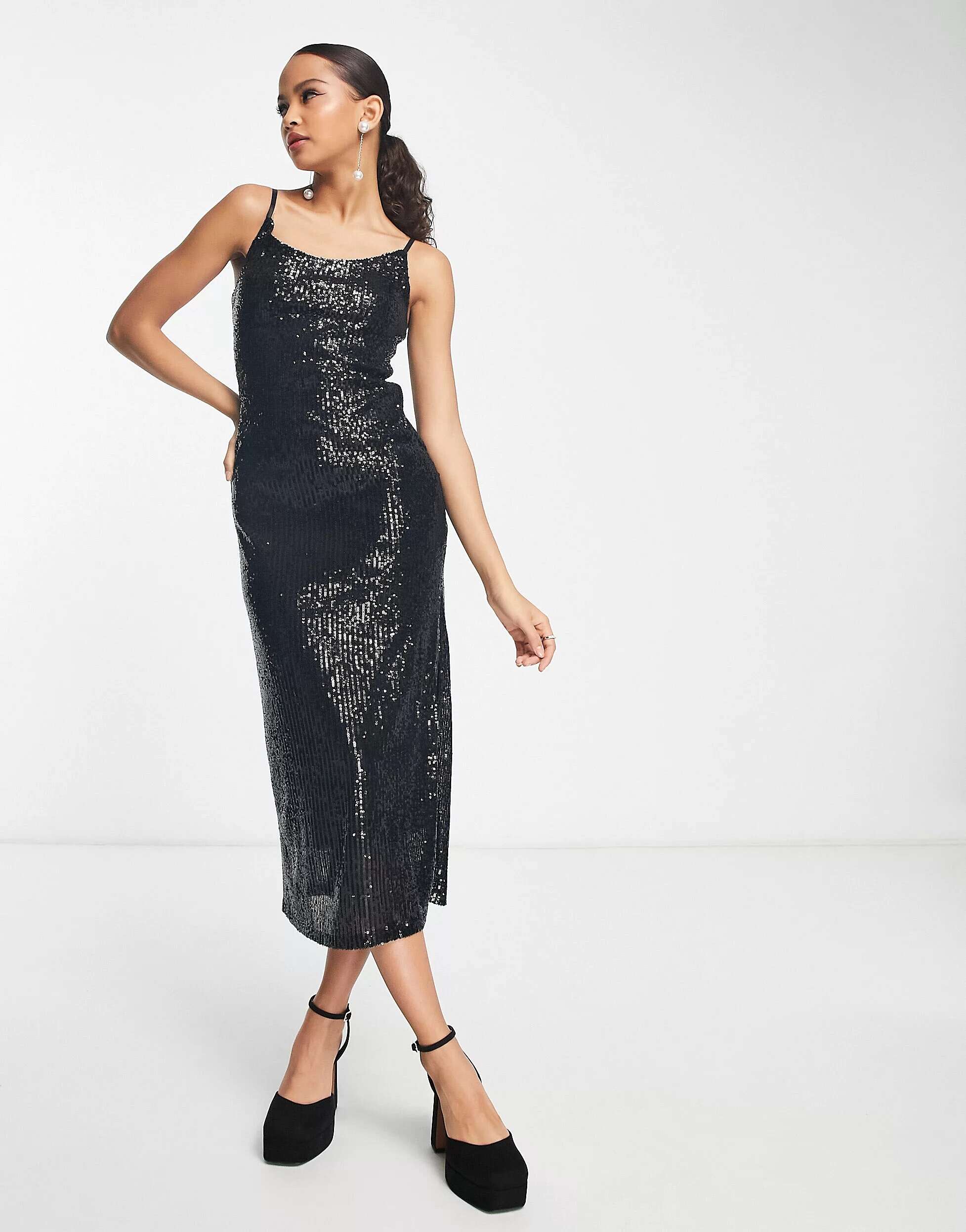 Серебристое платье-комбинация миди с пайетками New Look топ new look с пайетками 48 размер