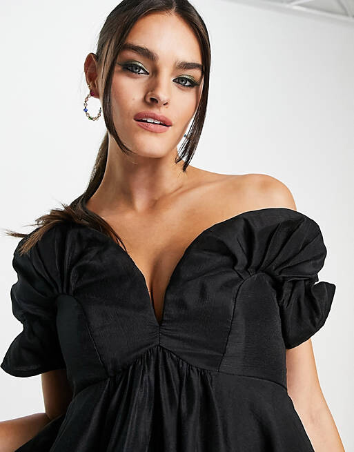 

Черное платье мини из органзы с открытыми плечами и оборками на лифе ASOS DESIGN