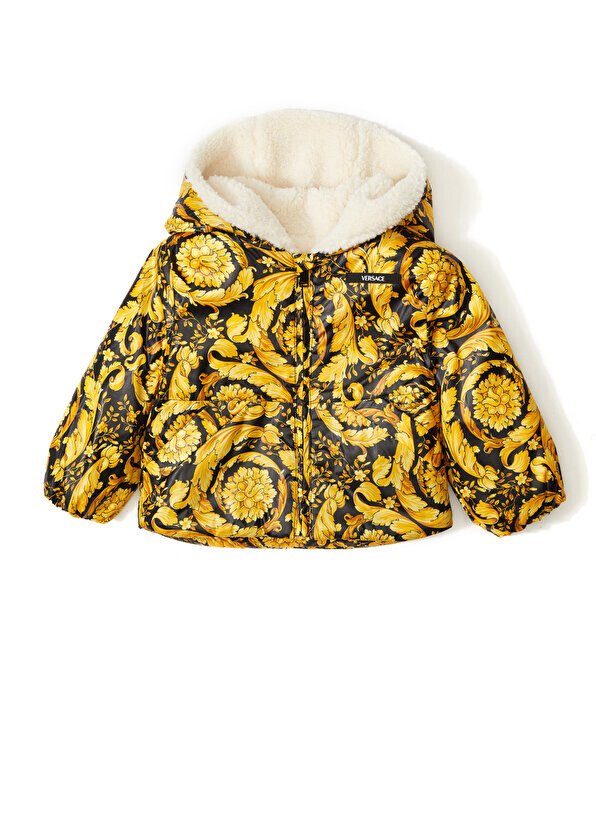 

Черное золотое детское пальто унисекс с капюшоном и рисунком Versace